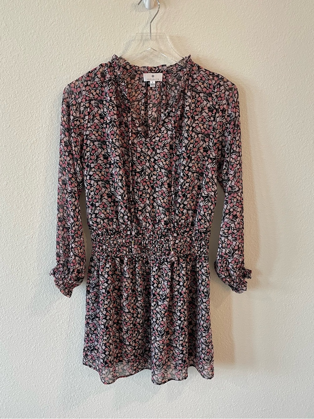 Socialite Black Pink Floral Long-Sleeve Smock Waist Dress